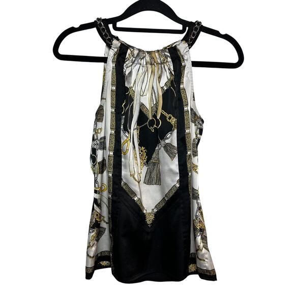 Vintage Cache Y2K Chain Link Top Silky Blouse Black White Gold Size XS Halter - Picture 1 of 7